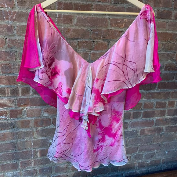 CATHERINE MALANDRINO 100% Silk Pink Tones Flounce Blouse - Picture 10 of 11